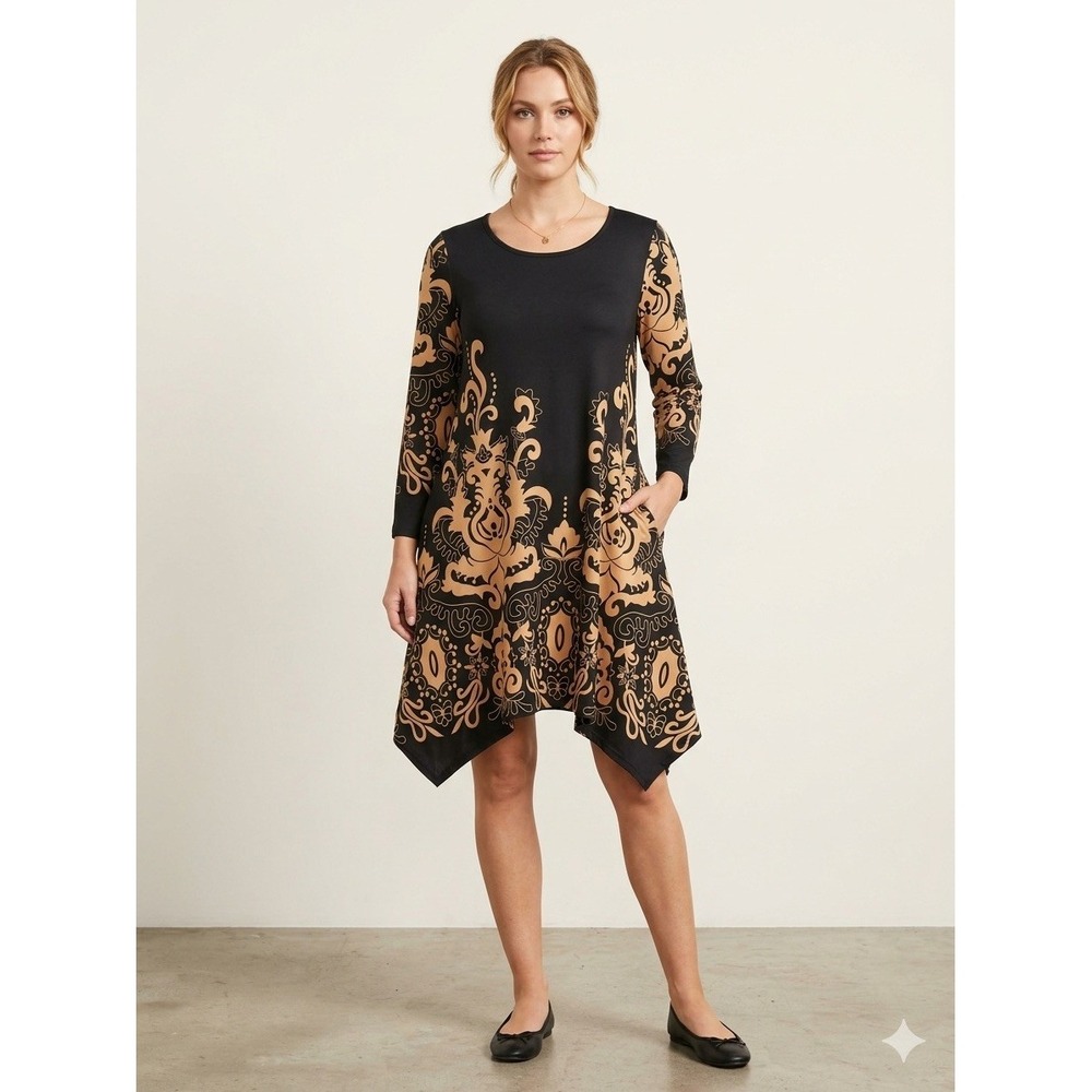 White Mark Women Black & Brown Damask Print Tunic Top w/Pockets Size L